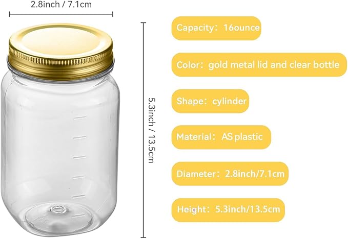 novelinks 16 oz Clear Plastic Jars with Lids, Refillable 16oz Mason Jars with Lids & Storage Containers for Kitchen & Household Use (10 Pack,Gold)