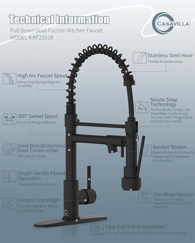 Kitchen Faucet with Soap Dispenser, Single Handle Spring Kitchen Sink Faucets with Pull Down Sprayer and Deck Plate,Black Faucet for Camper Farmhouse RV Kitchen Sink,Dual Function Spray Head