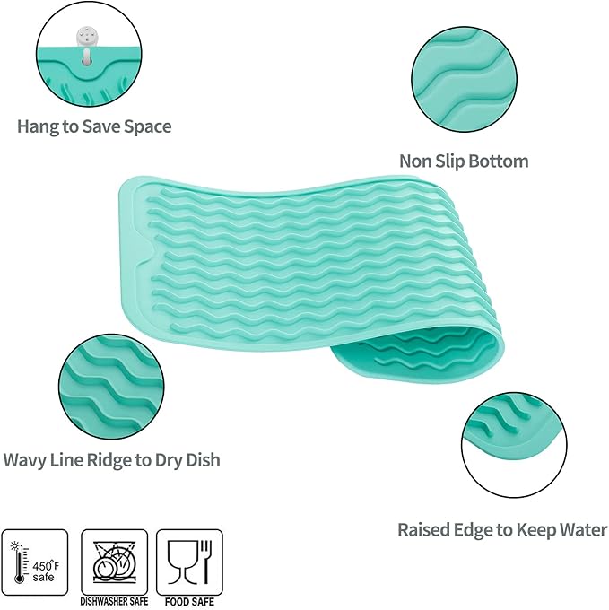 Silicone Dish Drying Mat for Multiple Usage,Easy clean,Eco-friendly,Heat-resistant Silicone Mat for Kitchen Counter,Sink,Bar,Bottle,or Cup Mint M 17 inches x 6 inches