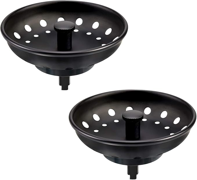 KONE Black Sink Basket Strainer Drain Stopper, 2 Pack Stainless Steel Matte Black Kitchen Sink Strainer Fit for Universal 3-1/2 inch Kitchen Sink, Metal Center Knob with Anti-Clog Rubber Sink Stopper