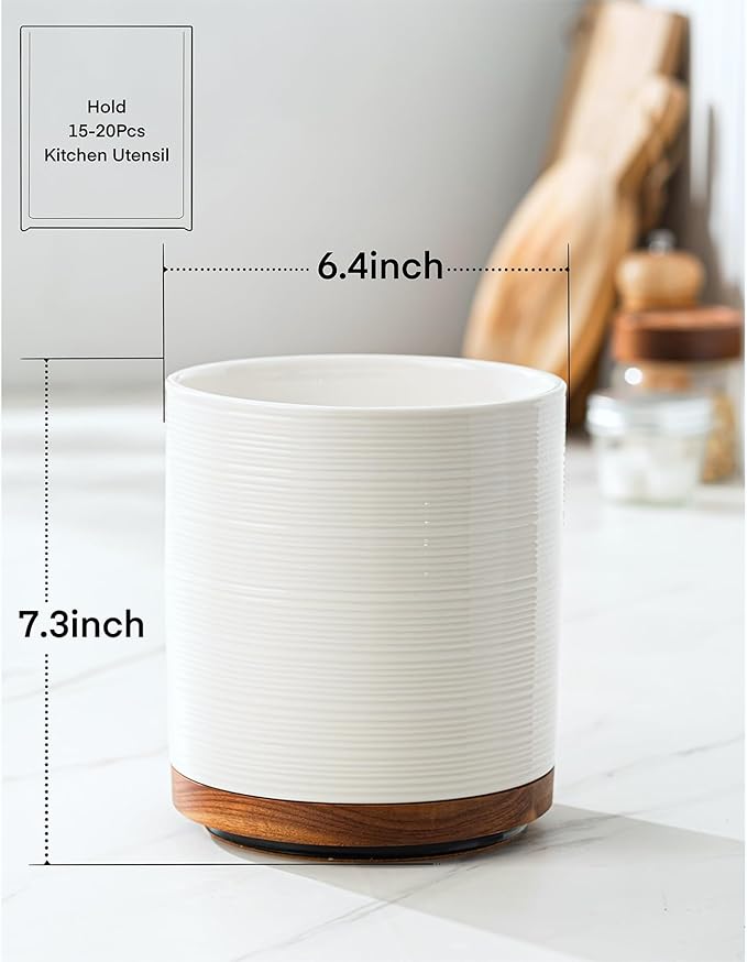MIKIGEY Utensil Holder, 360° Rotating Extra Large Ceramic Kitchen Utensil Holder for Countertop, 7.3“ Cooking Utensil Crocks for Kitchen Counter with Rotatable Wooden Base, Farmhouse Decor, White