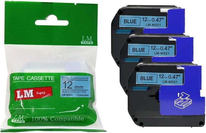 3/Pack LM Tapes - Premium Compatible 1/2" (12mm) Black on Blue M Series P-Touch Tape, Replaces M531