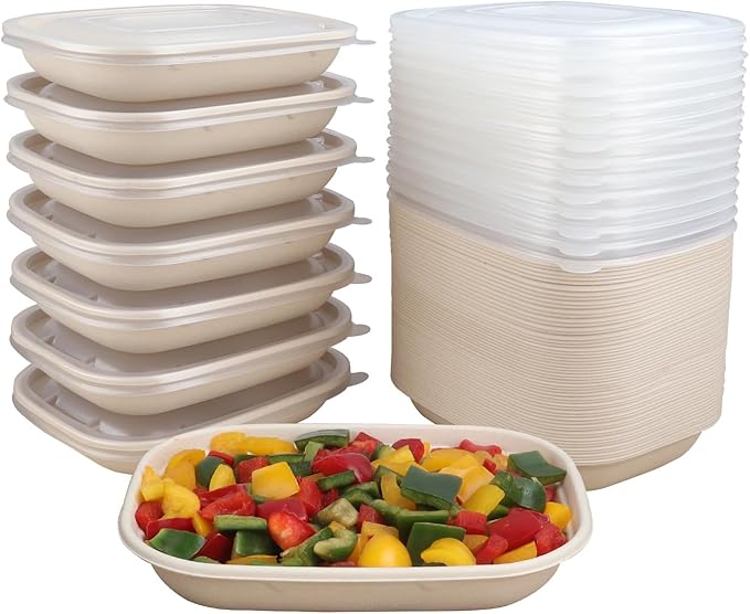JAYEEY 28 oz Disposable salad bowls with lids, Sugarcane Fiber paper Bowls take away Bagasse food containers meal prep food storage deli container 50 Pack