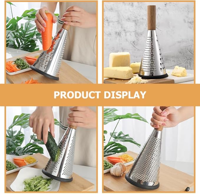 OFFSCH Stainless Steel Cone Cheese Grater with Wooden Handle - 3-Sided Vegetable Shredder for Grating Cheese Fruits and Vegetables - Kitchen Tool for Home Cooking and Food Preparation