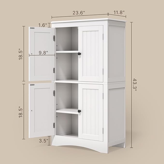 Gizoon 43" Kitchen Pantry Cabinet, Bathroom Storage Unit with Adjustable Shelves and 4 Magnetic Doors, Floor Cabinet for Kitchen, Living Room, White