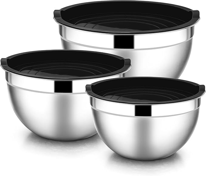TEEM Stainless Steel 304 Mixing Bowls with Airtight Lids, Set of 3 Large Medium Small 1.5L 2L 3L (1.6QT 2.1QT 3.2QT) Food-Grade Metal Nesting Salad Bowls - Rust-Resistant, Dishwasher Freezer Safe