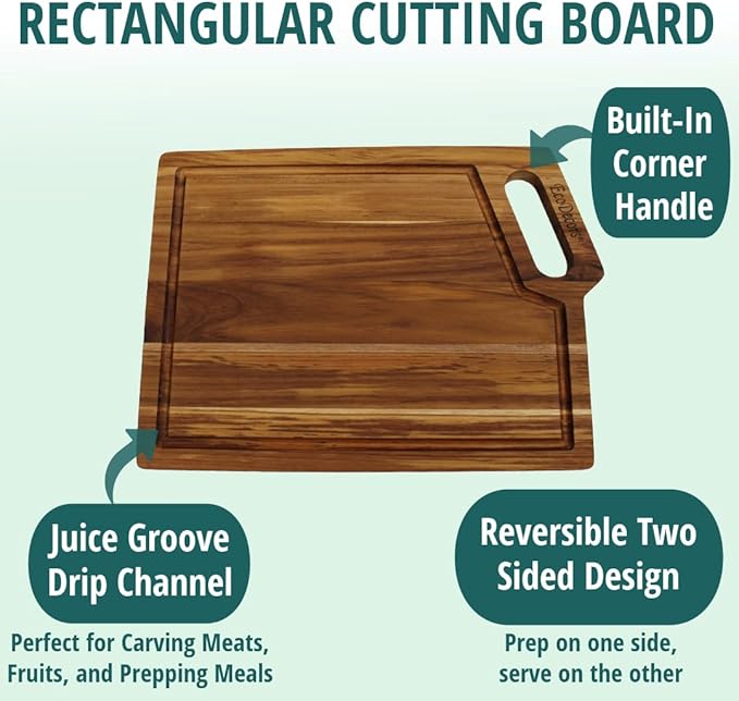 EcoDecors 14"x10" Teak Cutting Board with Juice Groove & Handle, FSC Certified Edge Grain Wood, Chopping, Carving & Serving Board for Kitchen
