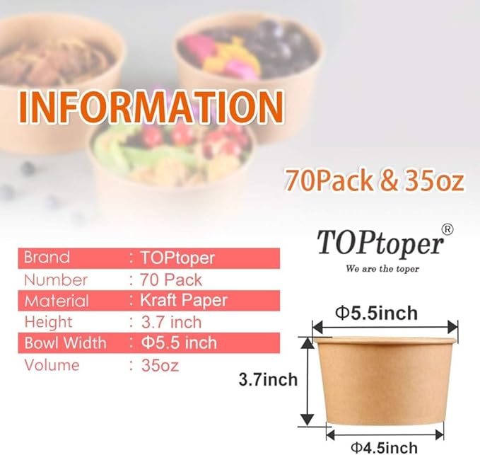 TOPtoper 35 Oz Large Paper Bowls【WITHOUT LIDS】 70 Pack Disposable Soup Bowls Plastic Free Party Supplies for Hot/Cold Food, Soup (35 OZ)