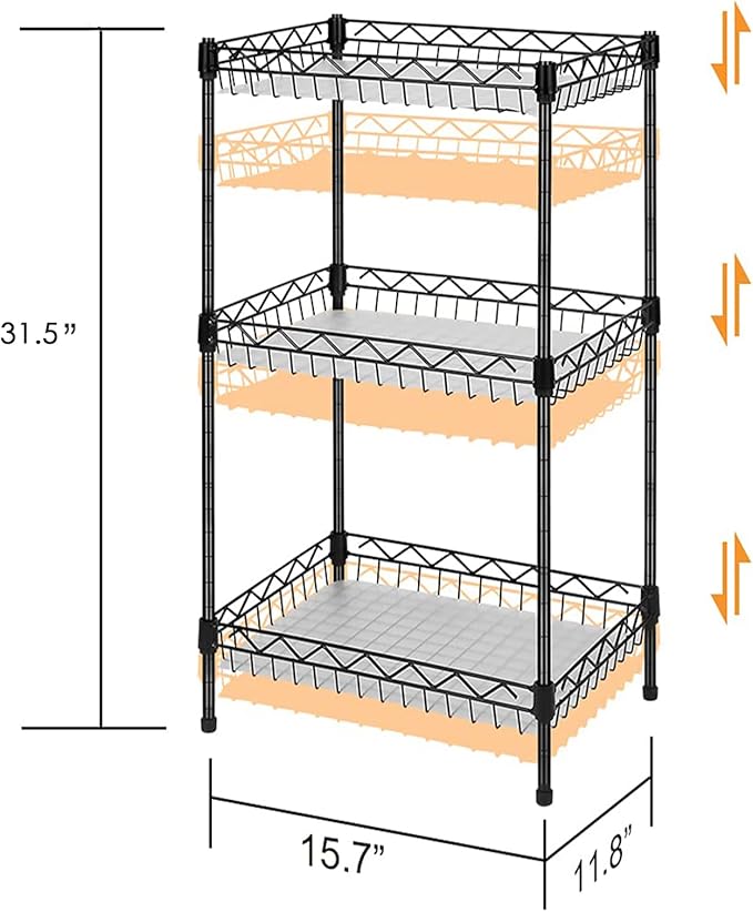 Storage Shelves, 3-Tier Wire Shelving Unit with Baskets Storage Rack Corner Shelf Shelving Adjustable Storage Shelf, 11.8" D x 15.7" W x 31.5" H, Black