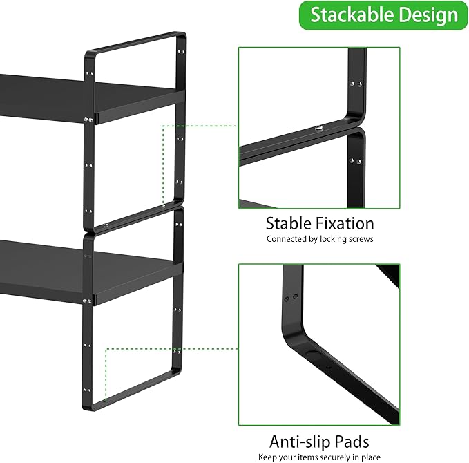 SOFRON Expandable Cabinet Storage Shelf Stackable Organizer Rack for Kitchen Bathroom Pantry Spice Cupboard Countertop Home Office Desk Heavy Duty Nonslip Black Small 3 Pack