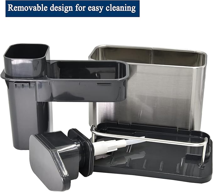 Soap Dispenser for Kitchen & Bathroom Sink with Sponge Holder and Brush Holder, Dish Soap Pump Sink Caddy for Countertop, Stainless Steel