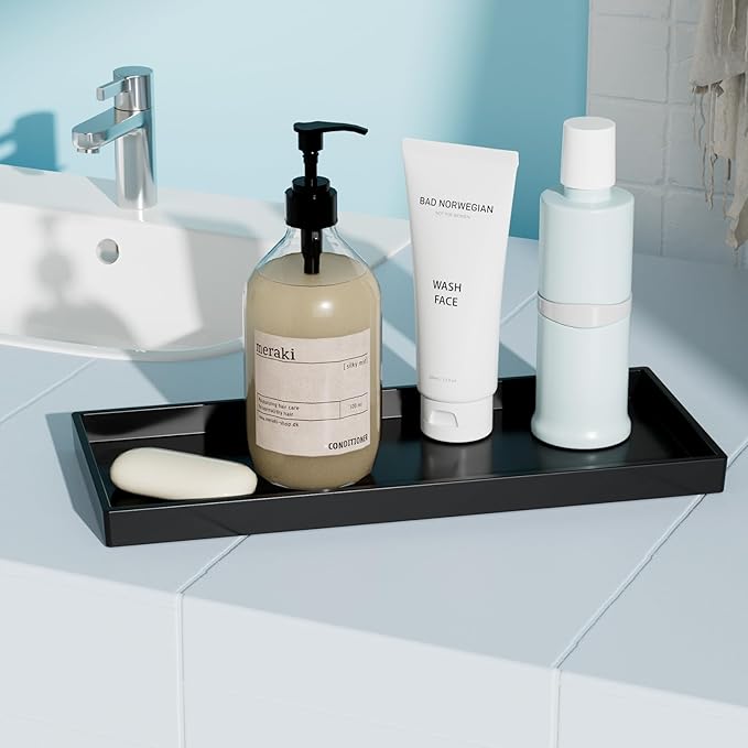 Mriluvy Vanity and Bathroom Tray, 11.8" ABS Countertop Organizer,Waterproof Vanity Tray for Toilet Tank,Perfume,Soap,Keys,Bathroom Accessories,Kitchen and Bath Trays,Non Slip Small Trays,Black,2 Pack