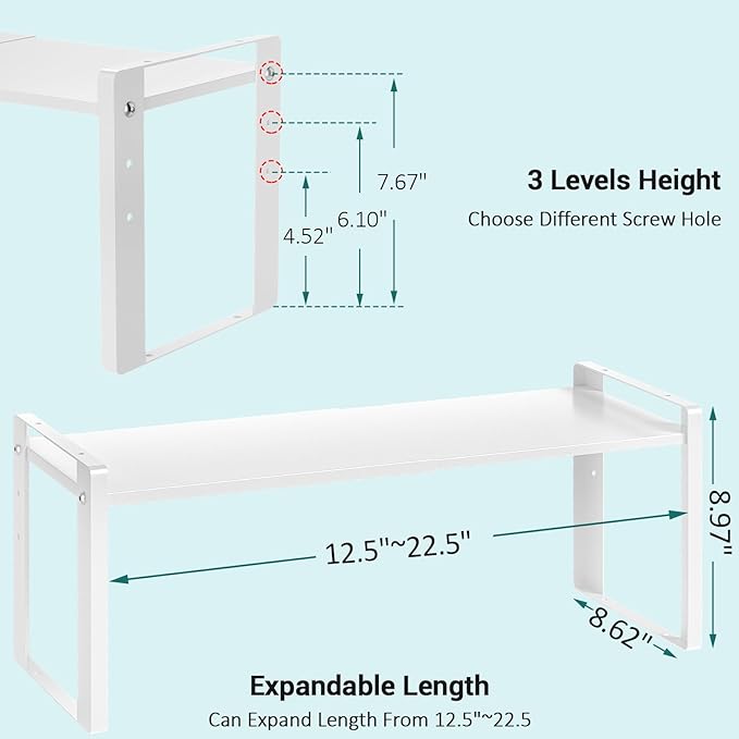 Astrorhine 2 Pack Expandable Cabinet Organizer Shelves, 88lbs High Weight Capacity, Stackable Heavy-Duty Metal Storage Rack, Adjustable Cabinet Shelf for Kitchen, Pantry, Cupboard, Under Sink, White