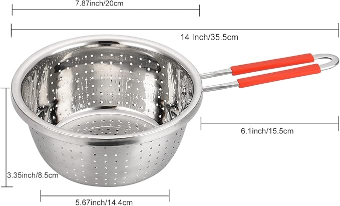 Contiup Stainless Steel Perforated Metal Colander Strainer with Long Red Handle Sieve Sifters Use for Kitchen Food Pasta Noodles Spaghetti Vegetables Silver - 7.9inch