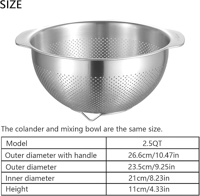 18/8 Stainless Steel Microwell Colander, 2.5QT Large Capacity with Handle Kitchen Food Strainer Basket for Washing Vegetables, Fruits, Rice, and Pasta (primary colour, 2.5QT)