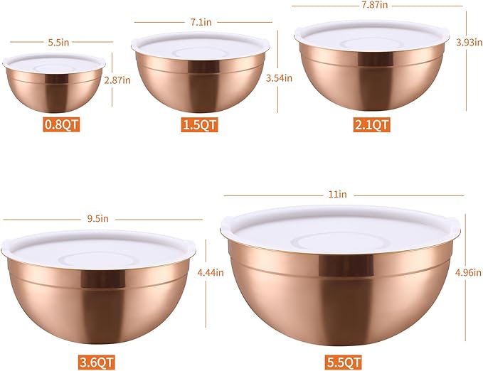 Moxinox Rose Gold Mixing Bowls with Airtight Lids, Stainless Steel Nesting Mixing Bowls Set of 5, Ideal for Baking, Prepping and Serving Food, Size 5.5, 3.6, 2.7, 2.1, 1.5, QT, Stackable Design