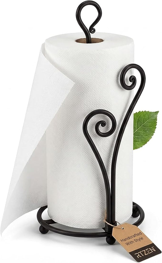 RTZEN Matte Black Paper Towel Holder Countertop - Decorative Farmhouse Paper Towel Roll Holder - Rustic Metal Modern Stand for Kitchen or Bathroom (Heart Shaped)