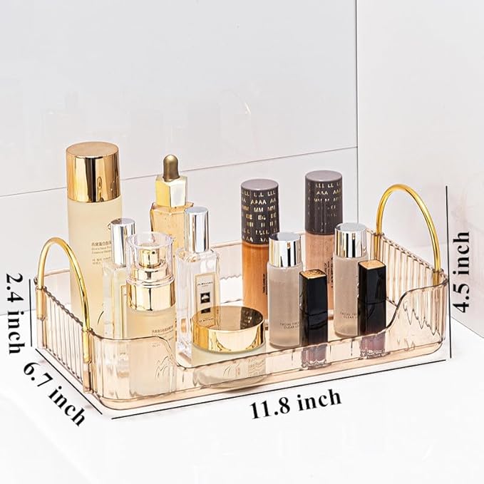 Bathroom Organizer Countertop, Vanity Tray for Skincare Makeup, Counter Organizer for Cosmetics, Toiletries, Lotions, Perfumes (1 Tier, Amber)