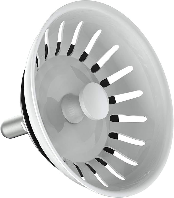 KANARY Kitchen Sink Basket Strainer Replacement for Standard Drains (3-1/2 Inch) Stainless Steel Body with Rubber Stopper (Single, White)