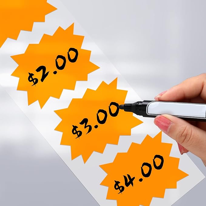 Price Tags Stickers Orange 4 x 3 Inches Self-Adhesive Large Sale Sticker Starburst Signs Removable Waterproof Labels for Retail Store Market Business 500 PCS