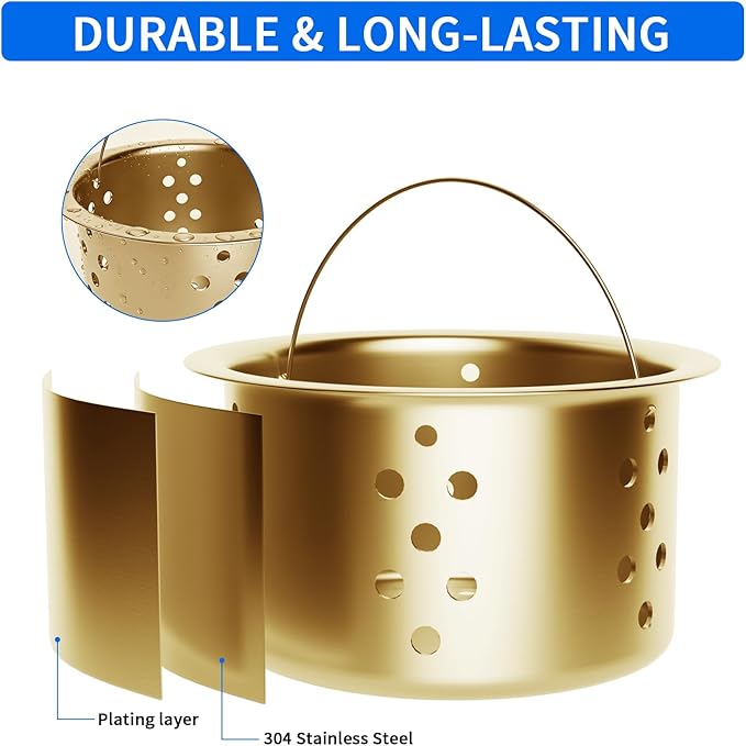 POPFLY SUS 304 Stainless Steel Deep Sink Strainer Basket – Fits Standard 3-1/2" Kitchen Drains, 2.5" Replacement Option – Removable Drain Basket with Handle for Easy Food Debris Cleaning, Gold