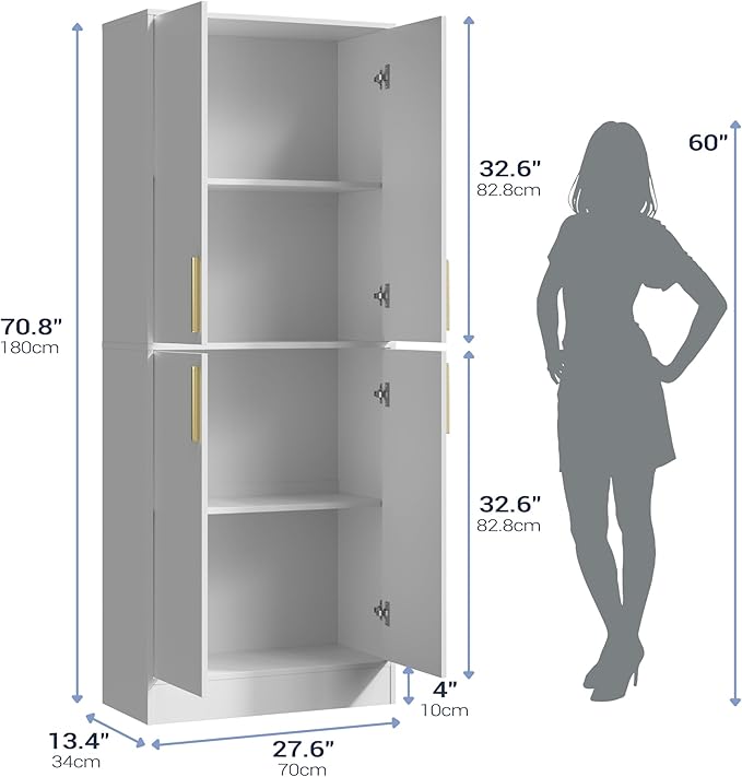 71" Tall Pantry Cabinet with 4 Doors, Kitchen Pantry Storage Cabinet, Freestanding Larder Cupboard, Kitchen Hutch with Gold Handles for Dining Room, Bathroom, White