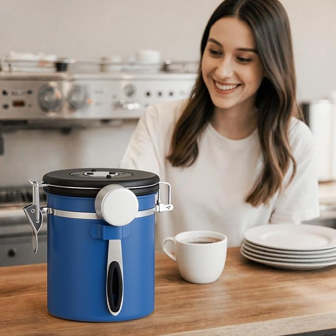 ShanSon Coffee Canister Airtight Coffee Container Stainless Steel Coffee Bean Storage Container with Scoop Coffee Canister for Beans Grounds Sugar Flour Tea Cereal,16OZ,Blue