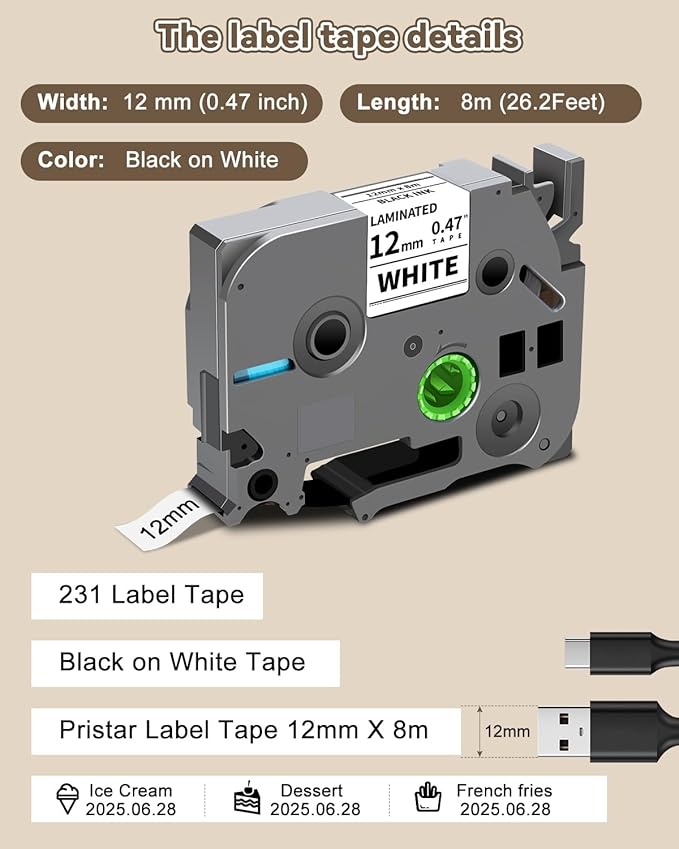 10-Pack TZe 12mm 0.47 Laminated White Tape Compatible for TZe-231 TZe231 TZ-231 Label Tape Refills for P Touch Label Maker Tape PT-H110 D220 D600 D410 D210 D200 D400 P700 1280 1880, 1/2 Inch