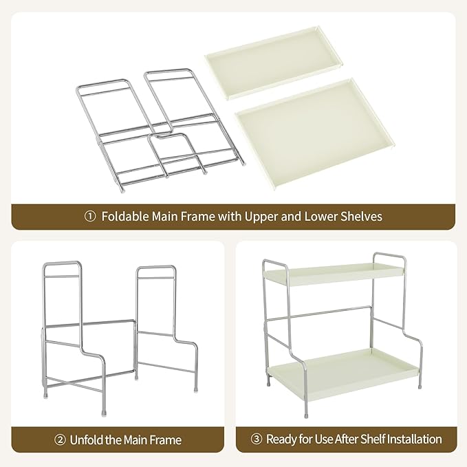 SanDream Foldable 2-Tier Bathroom Organizer Countertop & Vanity Shelf, Durable All-Iron Sink Organizer with Elegant White Finish, Space-Saving for Makeup, Skincare, Kitchen Storage