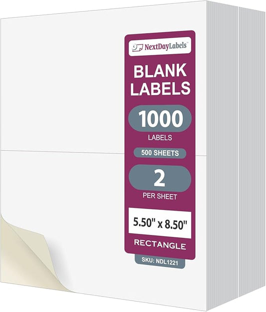 NextDayLabels 8.5x5.5 Half Sheet Stickers White Blank Labels for Laser Inkjet Printer - 2 Per Page Self-Adhesive Shipping Packaging Product Made in USA - 1000 Labels