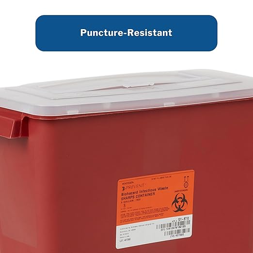 McKesson Sharps Container, Stackable, Locking Lid, Red, 3 gal, 12 in x 6 in x 13.5 in (L x D x H), 12 Count