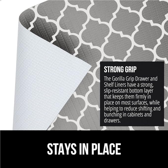 GORILLA GRIP DripGuard Shelf Liner, Non Adhesive Drawer and Kitchen Cabinet Protector, Slip Resistant BPA Free Smooth Surface Plastic Liners for Cabinets, Bathrooms, Closets, 17.5x240 Inch, White Gray