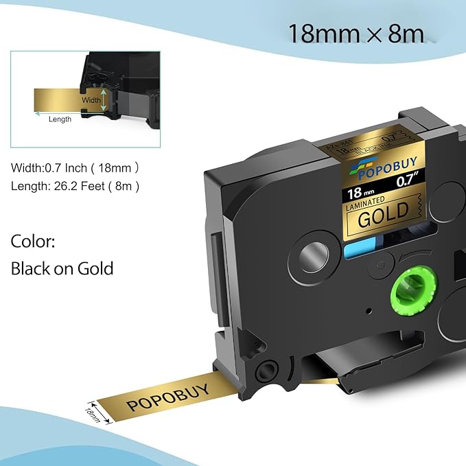 AZe 18mm 0.7 Laminated Gold Tape Compatible for Ptouch TZ841 TZ-841 TZe-841 TZe841 Label Tape for PTD410 PTD400 PTD610BT PTD600 Label Maker, 5 Pack Black on Gold