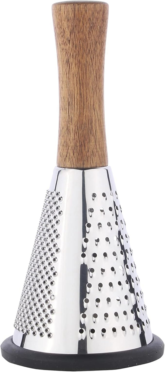 Cone Cheese Grater with Handle - Stainless Steel Triple Function Wood Handle Parmesan Shaver Non-Slip Rubber Bottom Hand Held Multifunction Vegetables Cheese Grater with container(S: 7.7" X 3.5")