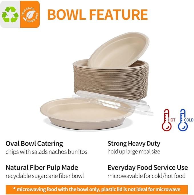 Celel 50 Pack 28 Oval Paper Bowls with Lids, Microwavable Oval Disposable Containers for Burrito, Salads, Pasta, Com-postable Meal Prep Food Containers - 50 Bowls 50 Lids
