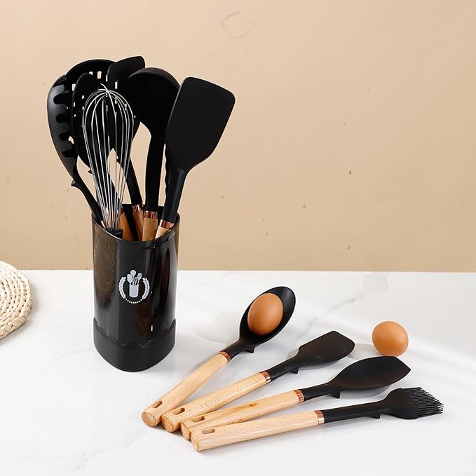 Jiufei Home Silicone Cooking Utensils Set, Kitchen Utensils Set 13 Pcs for cooking, BPA Free Spatula Set with Heat Resistant Wood Handles for Nonstick Cookware (Black)