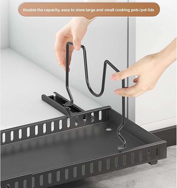 pots and pans organizer under cabinet,pot lid organizers inside cabinet holders for kitchen,Horizontal and vertical pulling modes,cast iron storage (Black Vertical pull-out)