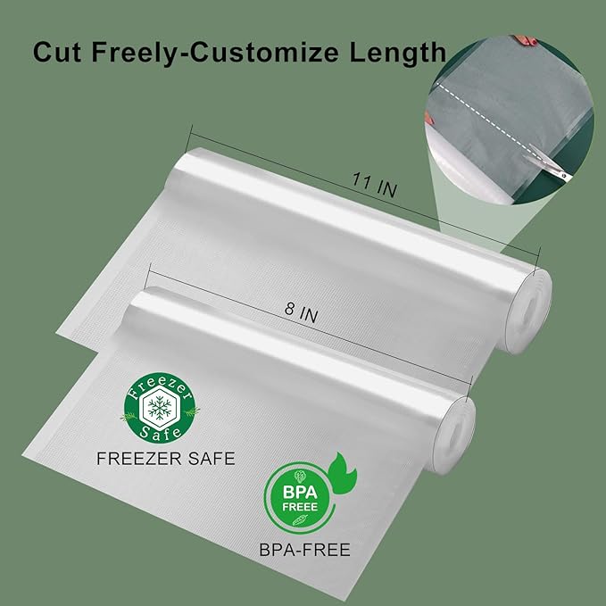 Precision Multi-layer Vacuum Sealer Bags Rolls, 8" x 16.4'(3 Rolls) and 11" x 16.4' (3 Rolls), BPA-Free Commercial Grade, Food Preservation, Food Vacuum Sealer Bags for Sous Vide and Freezer Storage