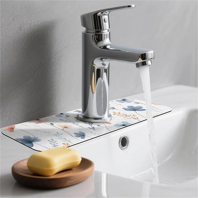 Kitchen Sink Splash Guard，Dreamy Wildflower Faucet Mat Sink Gadgets-Super Absorbent Fast Drying Mat Drip Catcher for Kitchen, Bathroom,Sink Mat, Dish Drying Mat, Bathroom(15" X 5.5" )