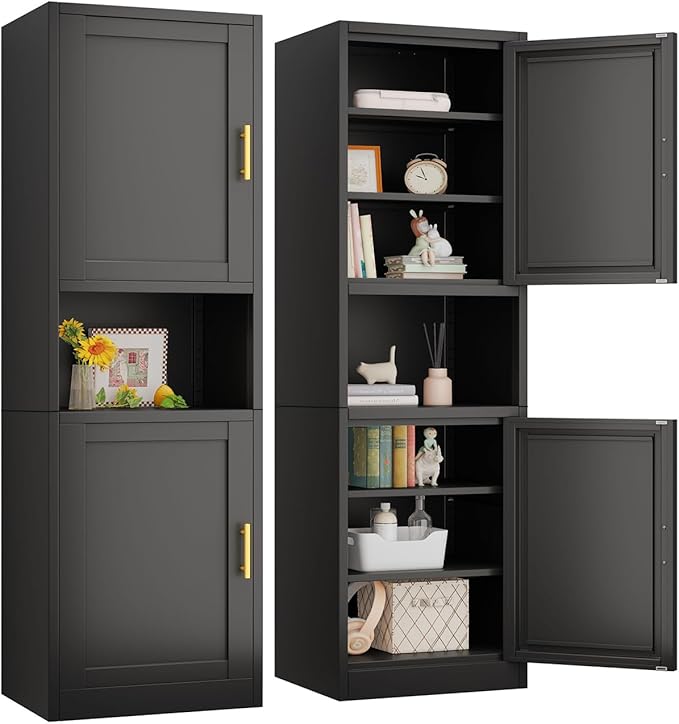pozdeg 67" Tall Narrow Storage Cabinet Metal Bathroom Cabinet with 2 Doors & 4 Adjustable Shelves, Standing Pantry Cabinets Cupboard for Kitchen, Dining Room, Living Room and Bathroom (Black)