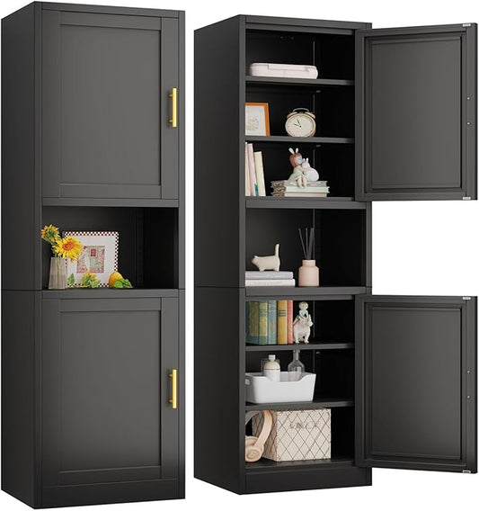 pozdeg 67" Tall Narrow Storage Cabinet Metal Bathroom Cabinet with 2 Doors & 4 Adjustable Shelves, Standing Pantry Cabinets Cupboard for Kitchen, Dining Room, Living Room and Bathroom (Black)