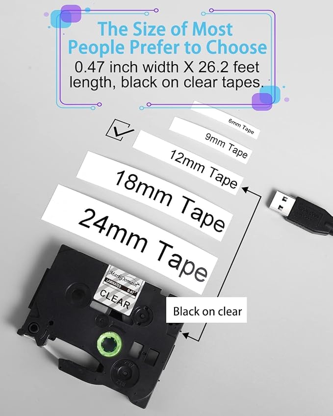 6-Pack TZe TZ Tape12mm 0.47 Inch Laminated Clear Label Tape Compatible12mm 0.47 TZ-131 P Touch Black on Clear Refills for Brother PT-D210 H110 D200 Label Maker, 0.47" x 26.2'(12mm x 8m)