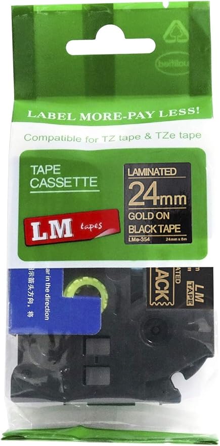 1/Pack LM Tapes - LMe354 Premium 1" Gold Print on Black Label Compatible with Brother TZe-354 P-Touch and Includes Tape Color/Size Guide. Replaces TZ-354 24mm 0.94 Laminated Ptouch.