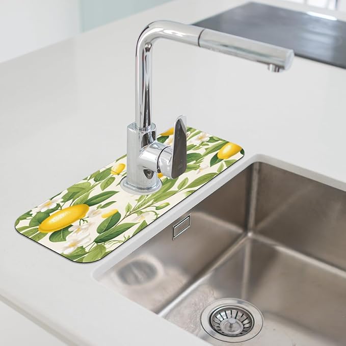 Lemon Blossom Pattern Kitchen Faucet Mat Splash Guard, 15.4”x5.7” Absorbent Quick Drying Sink Mat for Countertop Protection, Draining Mat Sink Protectors For Kitchen Bathroom, 2 Pack