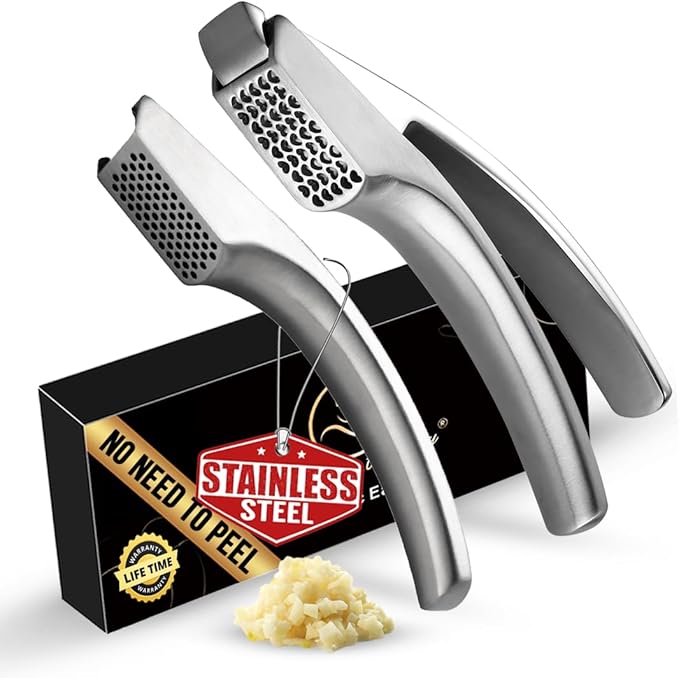 No Peeling Required Garlic Press Stainless Steel with Two Detachable Handles for Coarse&Fine Mincing-Premium Garlic Mincer Tool, Easy to Clean, Dishwasher Safe Garlic Crusher with Lifetime Replacement