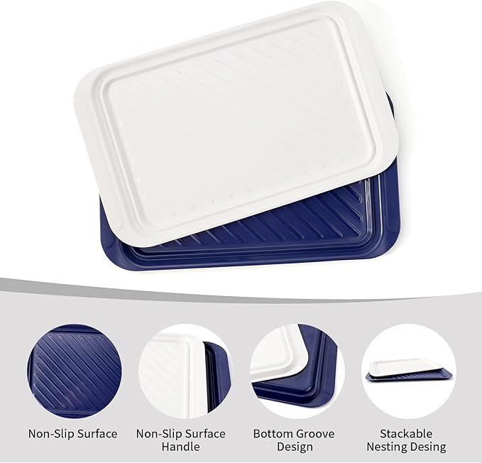 TP Grilling Prep and Serve Trays, 17 x 10.5 inch BBQ Trays for Cooked and Raw Foods, Set of 2 Melamine Serving Platters for Meats, Grill Accessories, Blue and White