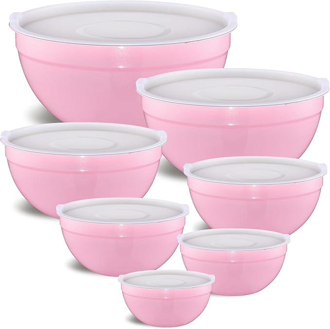 Moxinox Pink Mixing Bowls with Airtight Lids, Stainless Steel Nesting Mixing Bowls Set of 7, Ideal for Baking, Prepping and Serving Food, Size 7, 3.6, 2.7, 2.1, 1.5, 1.1,0.8 QT, Stackable Design