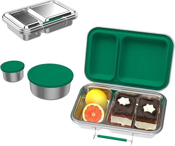 Stainless Steel Bento Box for Adults, 22.6 oz Leakproof 2-Compartments Stainless Steel Bento Containers, Metal Lunch Box with 2 Container, Dishwasher Safe, Design for Office,Outdoor, BPA-Free Green