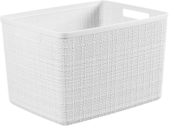 Curver Set of 4 Large 20L Jute Decorative Plastic Organization and Storage Baskets - Perfect Bins for Home Office, Closet Shelves, Kitchen Pantry and All Bedroom Essentials, White