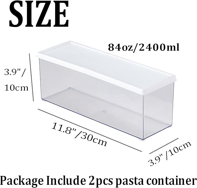 Hanobe Pasta Containers for Pantry Large Spaghetti & Noodle & Lasagna Canister 2 Pcs Clear Grey Rectangular Canister with Lock Lids Durable BPA-Free Plastic Food Keeper for Fridge Kitchen Cabinet
